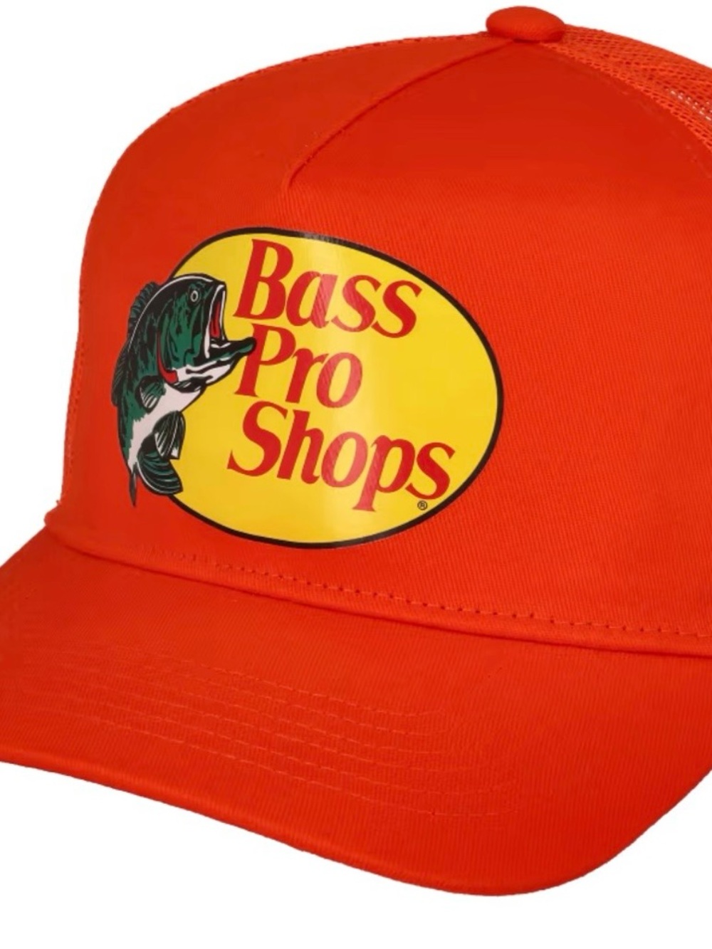 Bass Pro Shops Red Hat with Yellow Logo and Green Fish Graphic